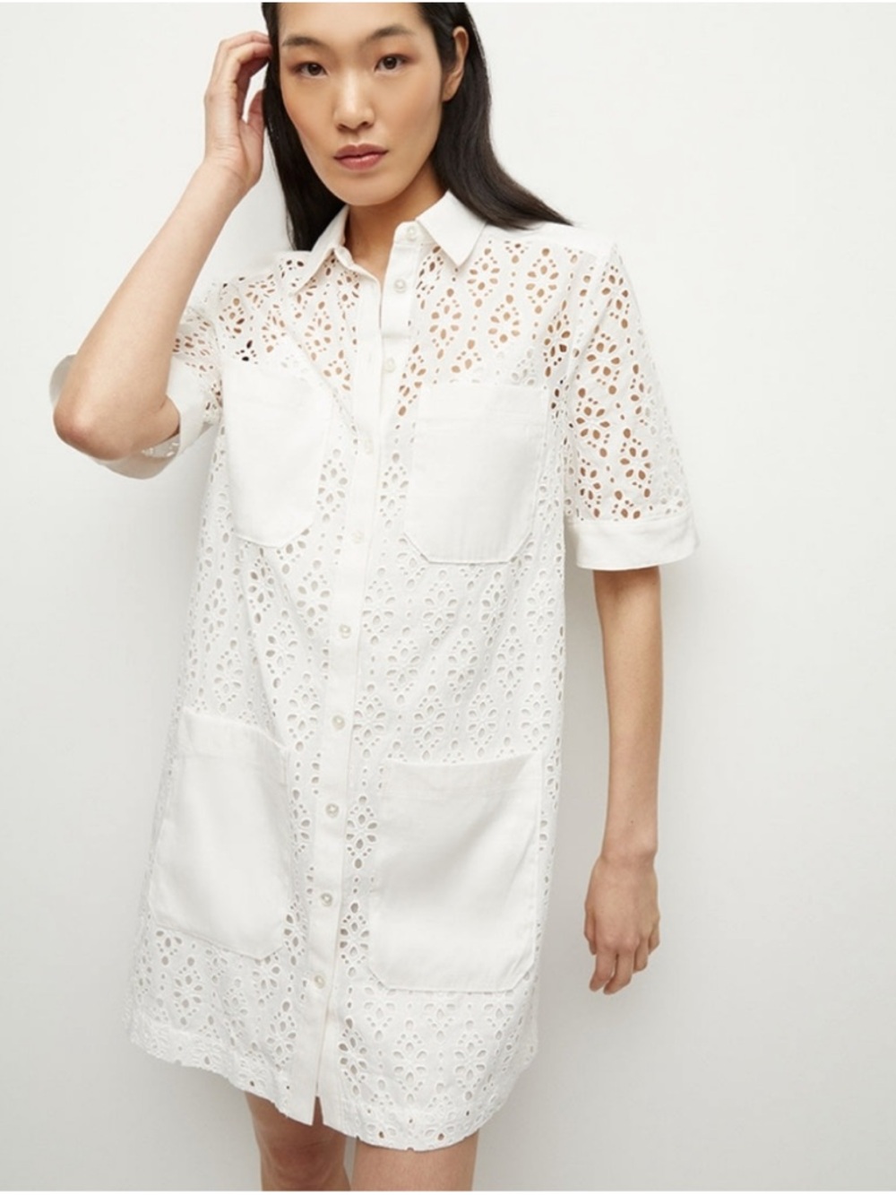 Veronica Beard Rafaela Cotton Eyelet Shirt Dress Womens Size 10 White *No Slip*